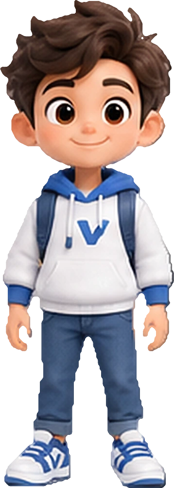 Noty’s buddy, a smiling cartoon boy in a white hoodie