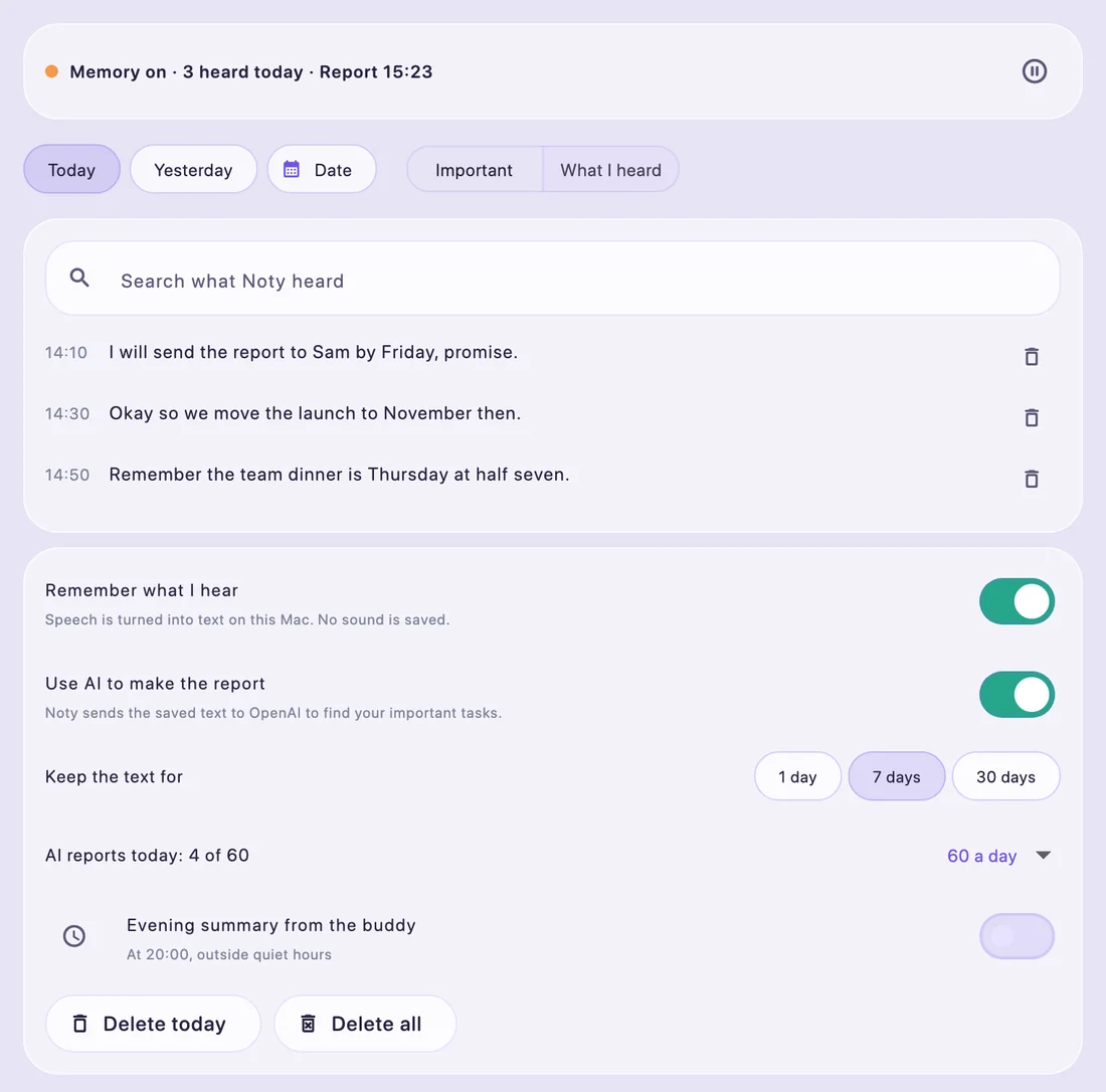 Noty screen showing lines it heard today, with options to keep text for 1, 7 or 30 days