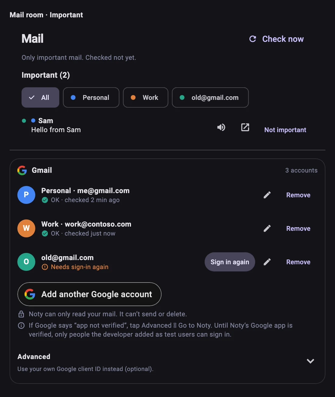 Noty Mail screen with important mail and three connected Gmail accounts
