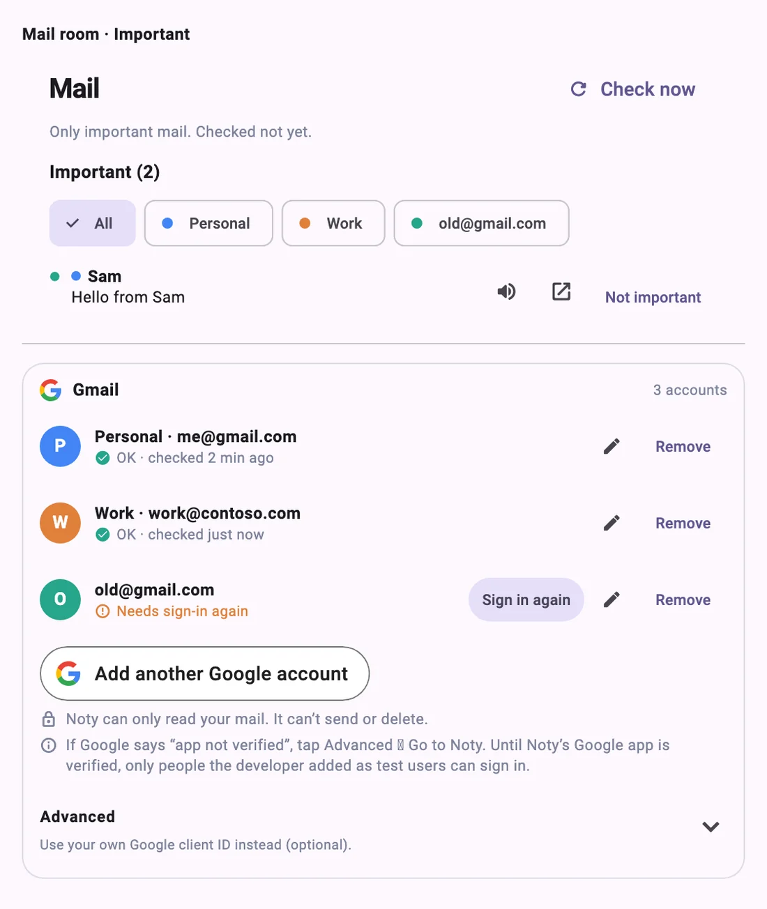 Noty Mail screen with important mail and three connected Gmail accounts