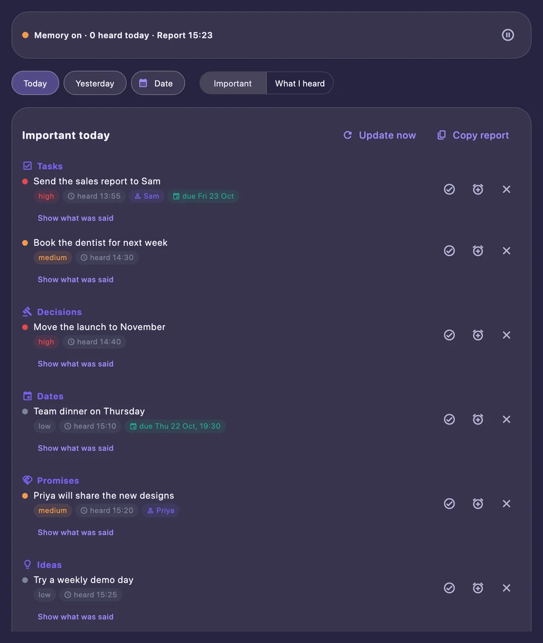 Noty Memory screen listing important tasks, decisions, dates and promises heard today