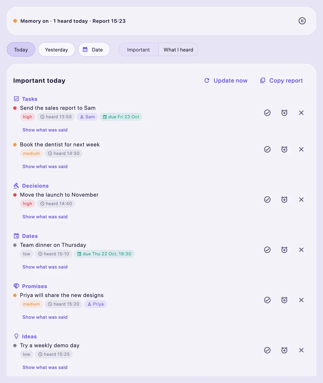 Noty Memory screen listing important tasks, decisions, dates and promises heard today